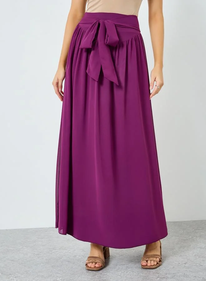 Styli Women Burgundy A-Line Maxi Skirt with Waist Tie